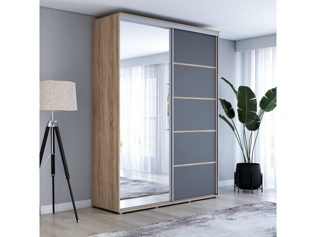 Wysoka szafa przesuwna z lustrem, pakowna – Maja 150x242x61 cm.