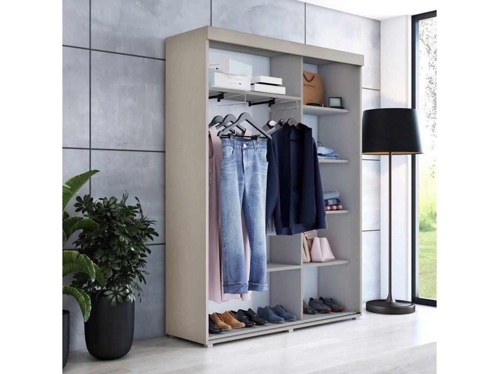 Wysoka, wąska szafa przesuwna, pakowna – Slim 150x202x45,5 cm.