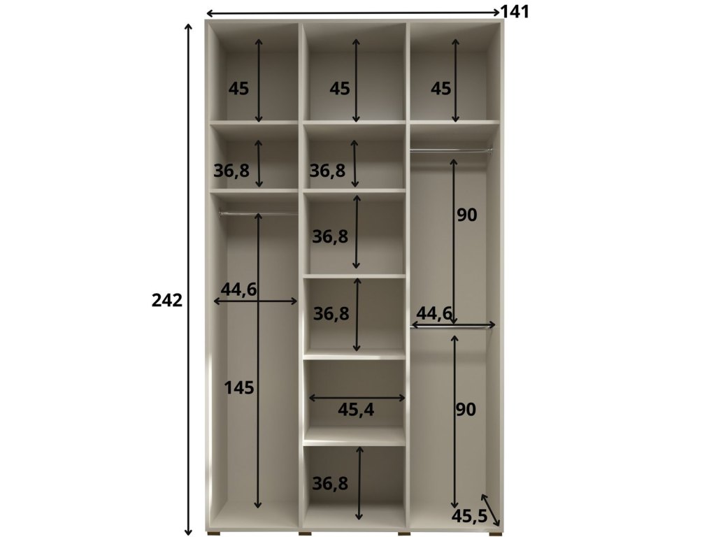 Wąska, wysoka szafa uchylna PAKO SLIM 3 z lustrem - 3 drzwiowa 141x242x45,5 cm, biała