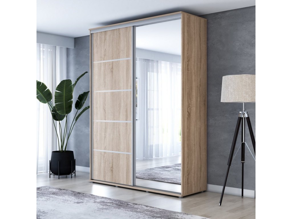 Wysoka Szafa Przesuwna BARI 1 ALU - 120x220x61 cm dąb sonoma z Systemem Sevroll | Pojemna