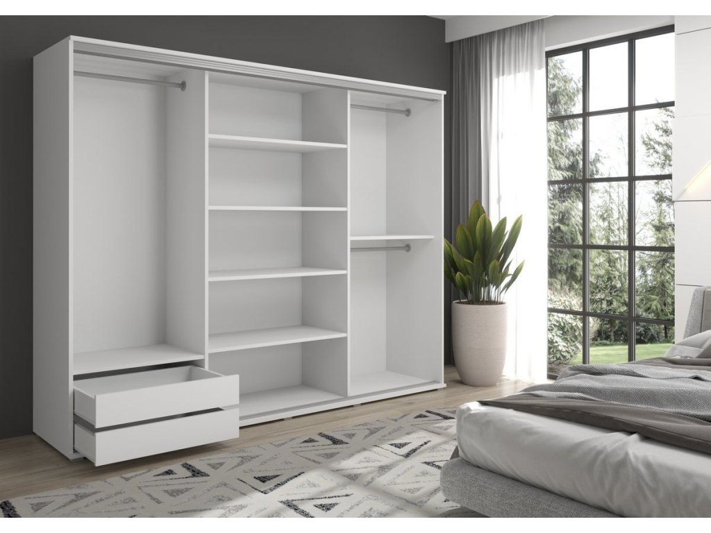 Duża szafa przesuwna LAGO - 210x202x61 cm biała z systemem Sevroll, pojemna, trzydrzwiowa szafa przesuwna