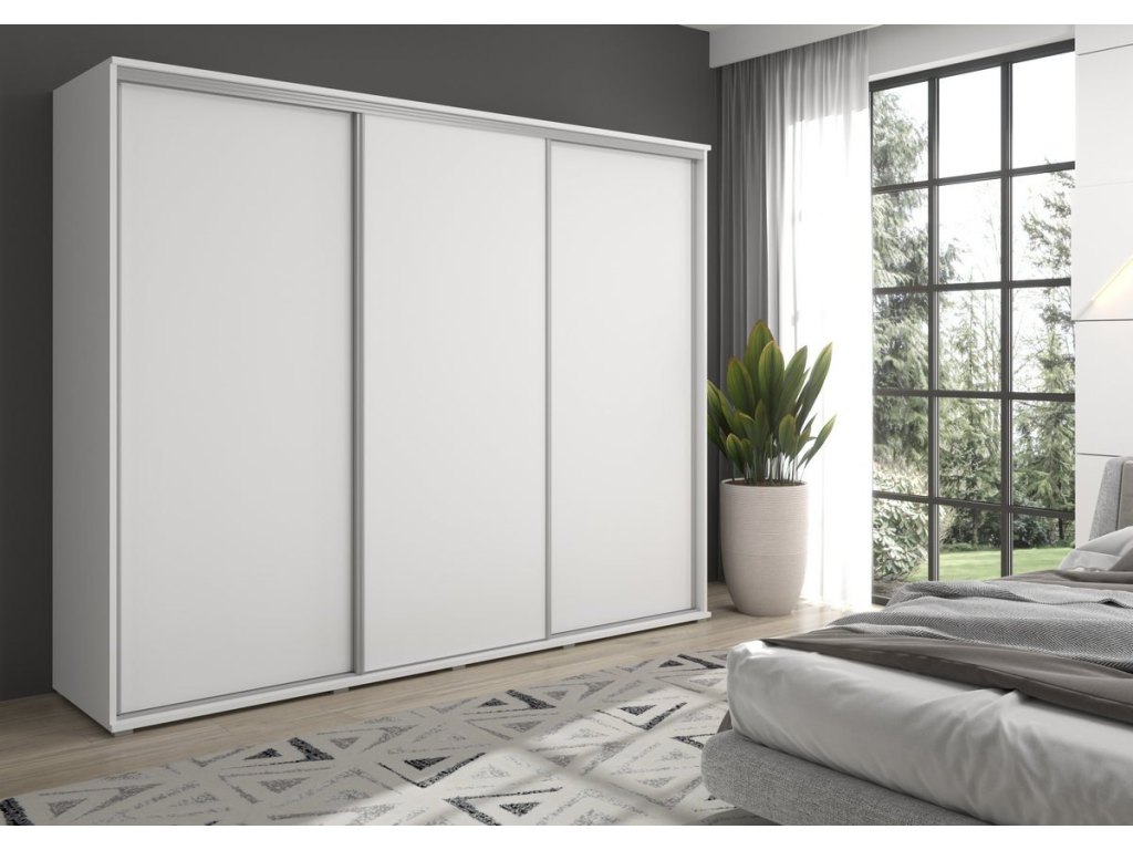 Duża szafa przesuwna LAGO - 270x202x61 cm biała z systemem Sevroll, pojemna, trzydrzwiowa szafa przesuwna