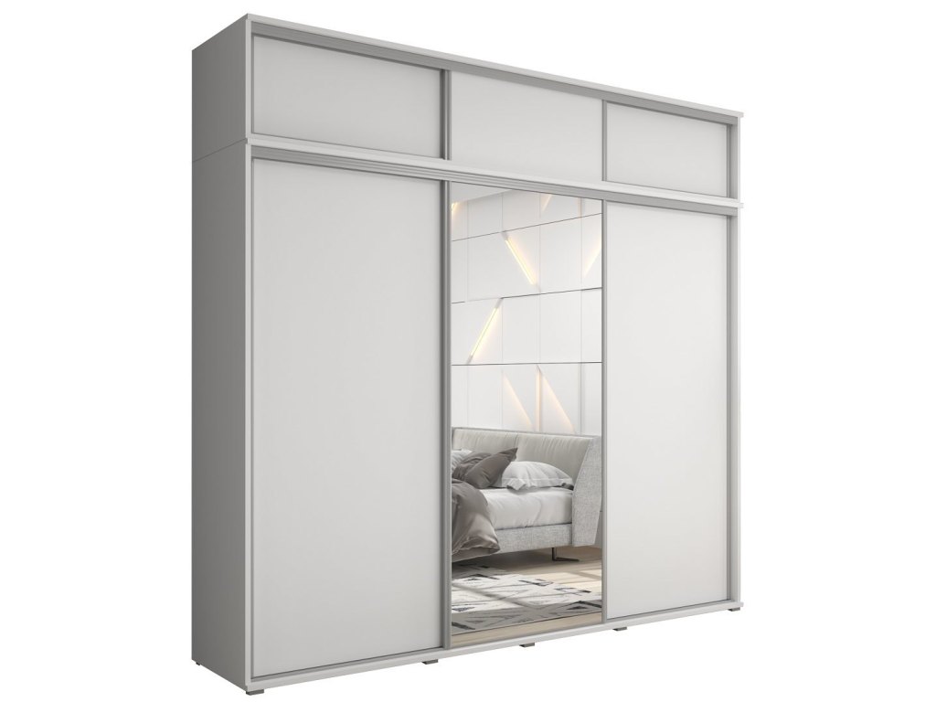 Zestaw z dużą szafą przesuwną i lustrem LAGO 1 - 270x247x61 cm biała z systemem Sevroll, pojemna, trzydrzwiowa