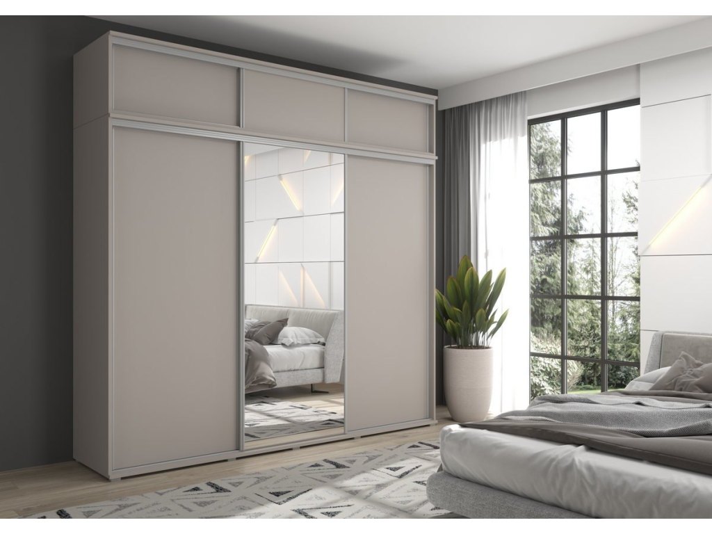 Zestaw z dużą szafą przesuwną i lustrem LAGO 1 - 240x247x61 cm kaszmir z systemem Sevroll, pojemna, trzydrzwiowa