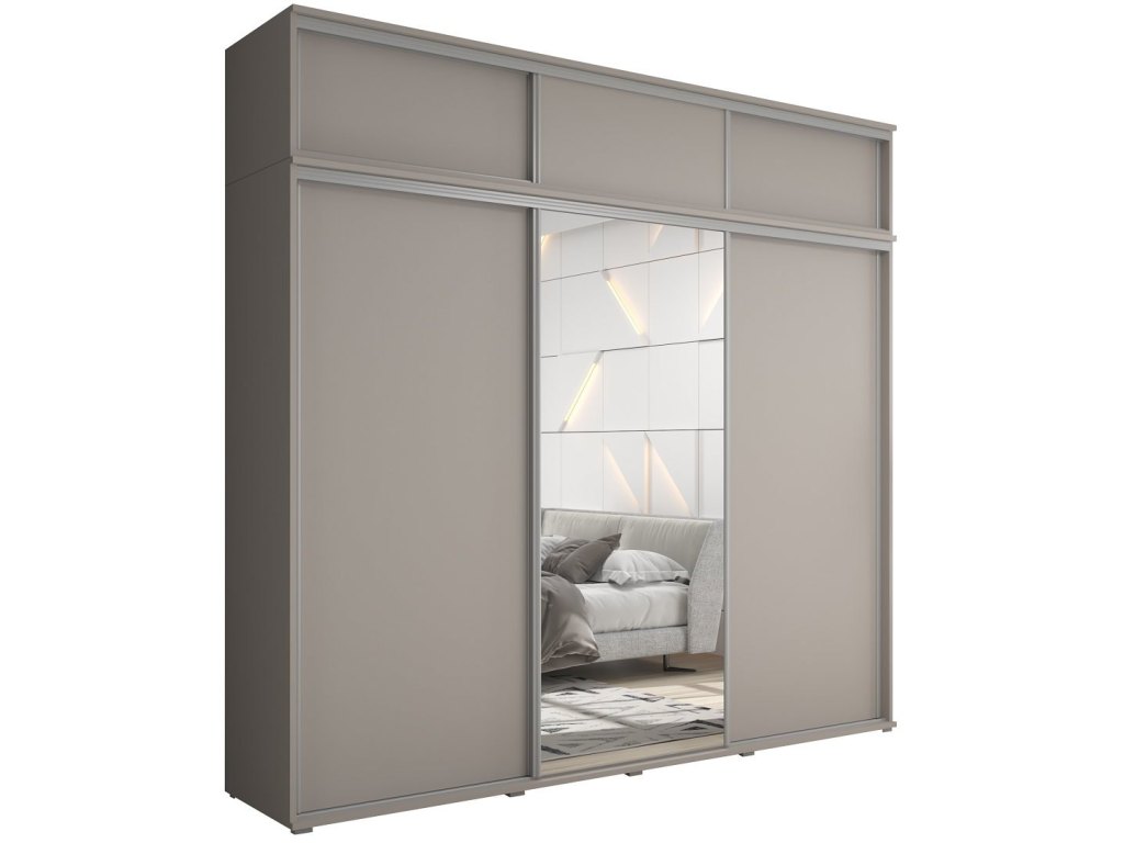 Zestaw z dużą szafą przesuwną i lustrem LAGO 1 - 240x247x61 cm kaszmir z systemem Sevroll, pojemna, trzydrzwiowa