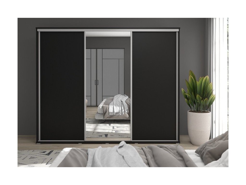 Duża szafa przesuwna z lustrem LAGO - 260x202x61 cm biała z systemem Sevroll, pojemna, trzydrzwiowa szafa przesuwna