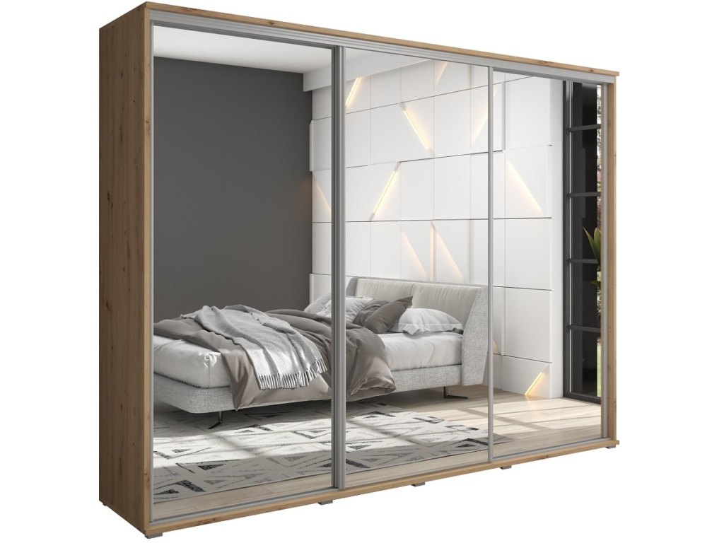 Duża szafa przesuwna z lustrem LAGO - 210x202x61 cm biała z systemem Sevroll, pojemna, trzydrzwiowa szafa przesuwna