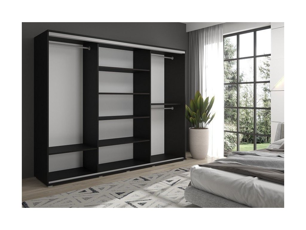 Duża szafa przesuwna z lustrem LAGO - 240x202x61 cm biała z systemem Sevroll, pojemna, trzydrzwiowa szafa przesuwna