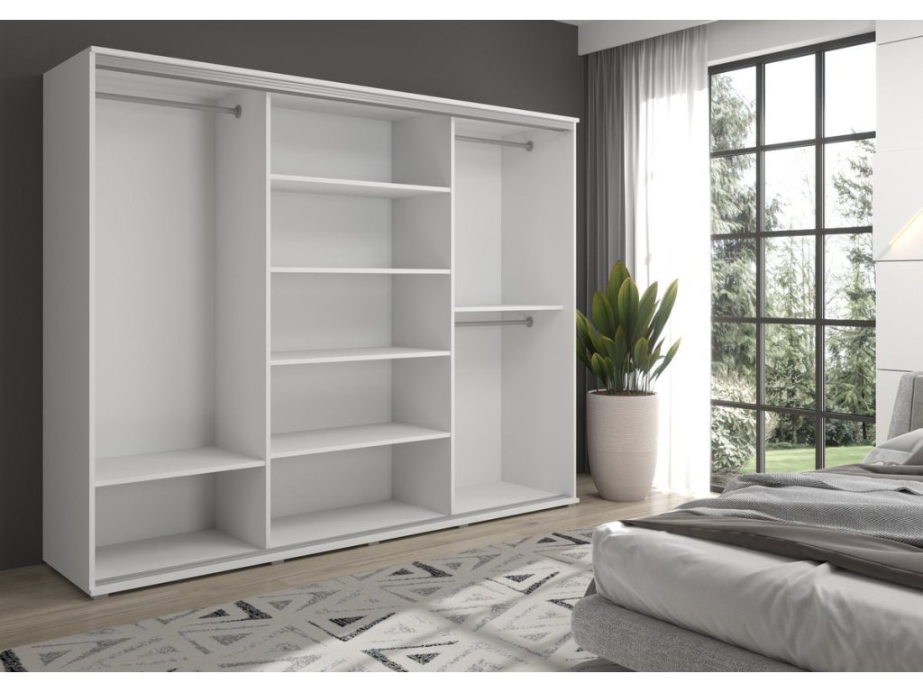 Duża szafa przesuwna z lustrem LAGO - 230x202x61 cm biała z systemem Sevroll, pojemna, trzydrzwiowa szafa przesuwna