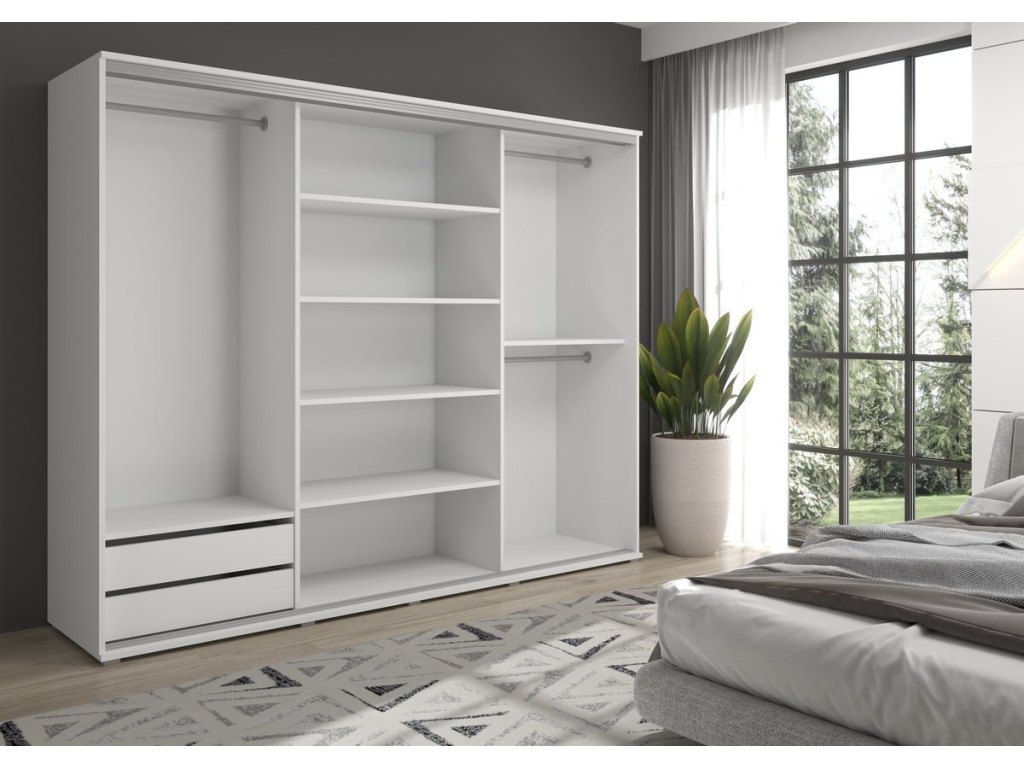 Duża szafa przesuwna z lustrem LAGO - 230x202x61 cm biała z systemem Sevroll, pojemna, trzydrzwiowa szafa przesuwna