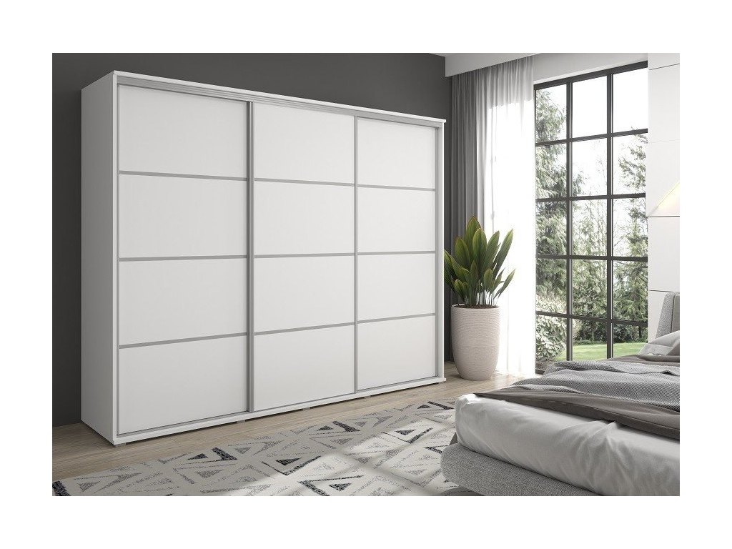 Duża szafa przesuwna LAGO - 270x202x61 cm biała z systemem Sevroll, pojemna, trzydrzwiowa szafa przesuwna