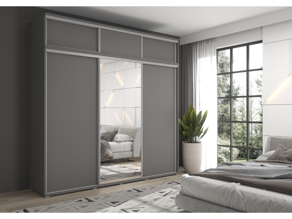 Zestaw z dużą szafą przesuwną i lustrem LAGO 1 - 250x247x61 cm antracyt z systemem Sevroll, pojemna, trzydrzwiowa