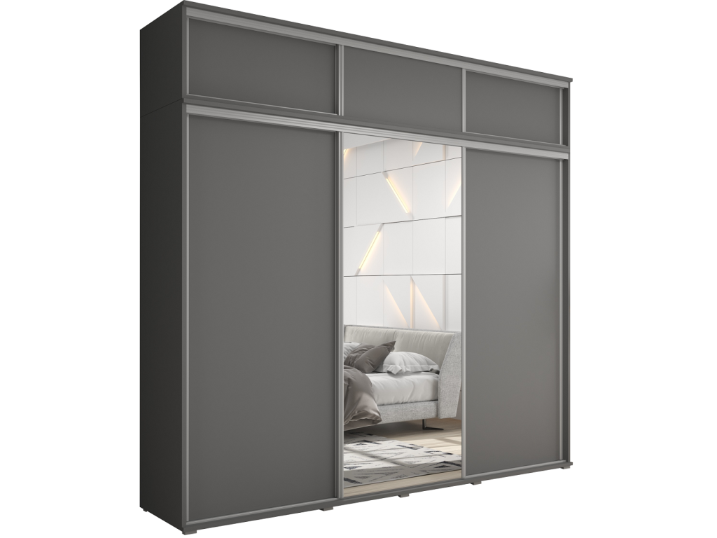 Zestaw z dużą szafą przesuwną i lustrem LAGO 1 - 270x247x61 cm antracyt z systemem Sevroll, pojemna, trzydrzwiowa