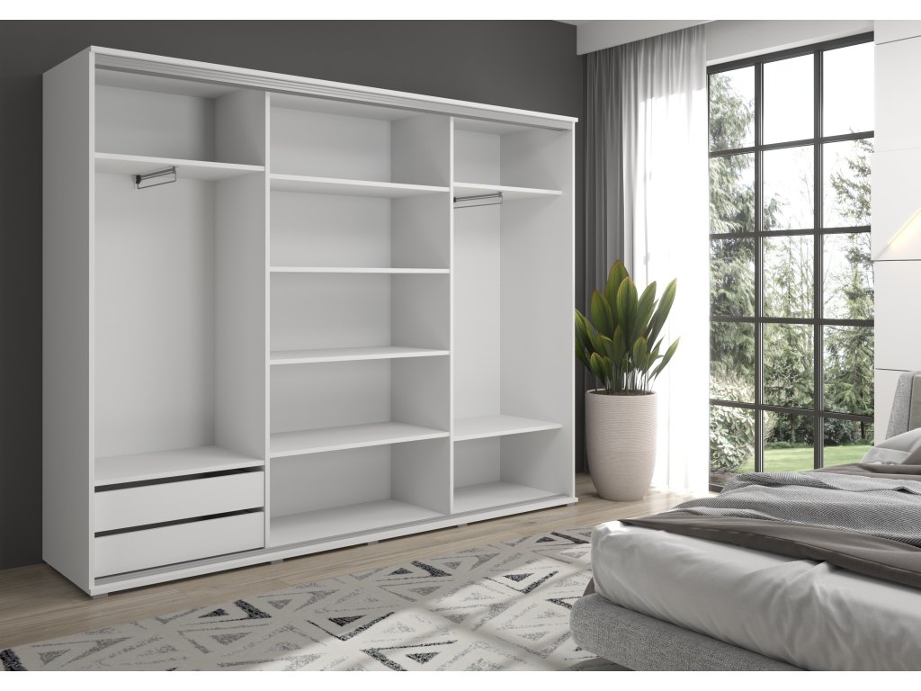 Duża szafa przesuwna MONTI SLIM - 210x202x45 cm biała z systemem Sevroll, pojemna, trzydrzwiowa szafa przesuwna
