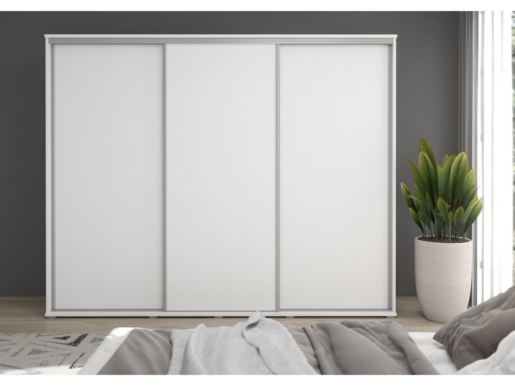 Duża szafa przesuwna MONTI SLIM  - 210x202x45 cm biała z systemem Sevroll, pojemna, trzydrzwiowa szafa przesuwna