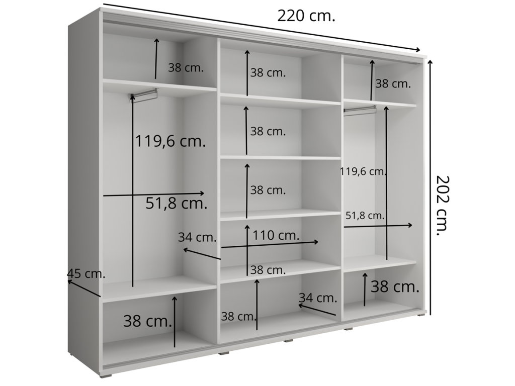 Duża szafa przesuwna MONTI SLIM - 210x202x45 cm biała z systemem Sevroll, pojemna, trzydrzwiowa szafa przesuwna