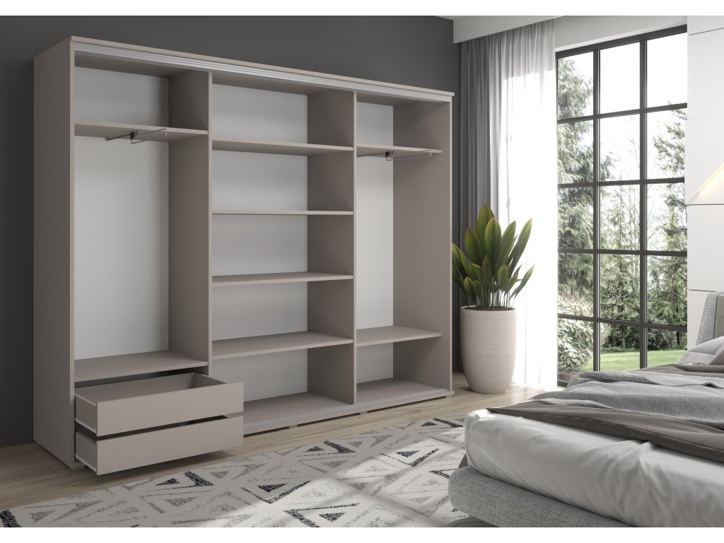 Duża szafa przesuwna MONTI SLIM - 210x202x45 cm biała z systemem Sevroll, pojemna, trzydrzwiowa szafa przesuwna