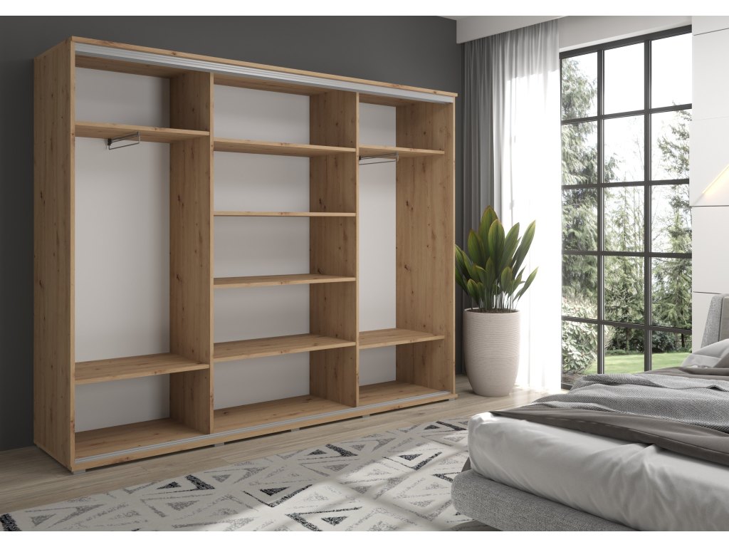 Duża szafa przesuwna MONTI SLIM - 210x202x45 cm biała z systemem Sevroll, pojemna, trzydrzwiowa szafa przesuwna