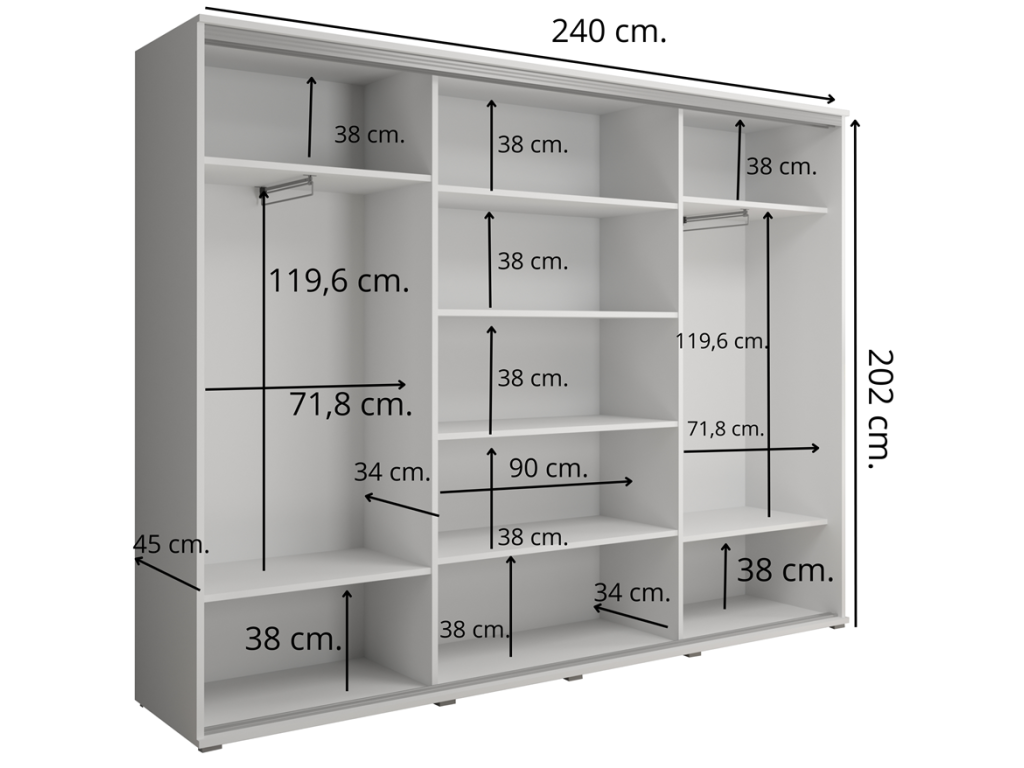 Duża szafa przesuwna MONTI - 210x202x45 cm biała z systemem Sevroll, pojemna, trzydrzwiowa szafa przesuwna