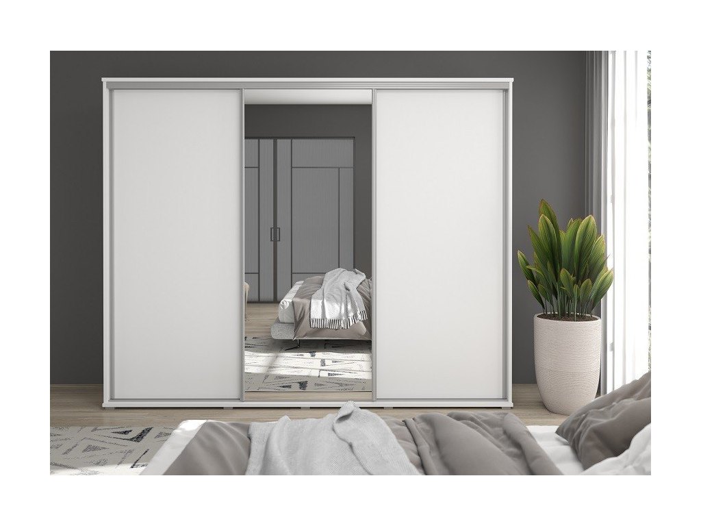 Duża szafa przesuwna MONTI - 210x202x45 cm biała z systemem Sevroll, pojemna, trzydrzwiowa szafa przesuwna