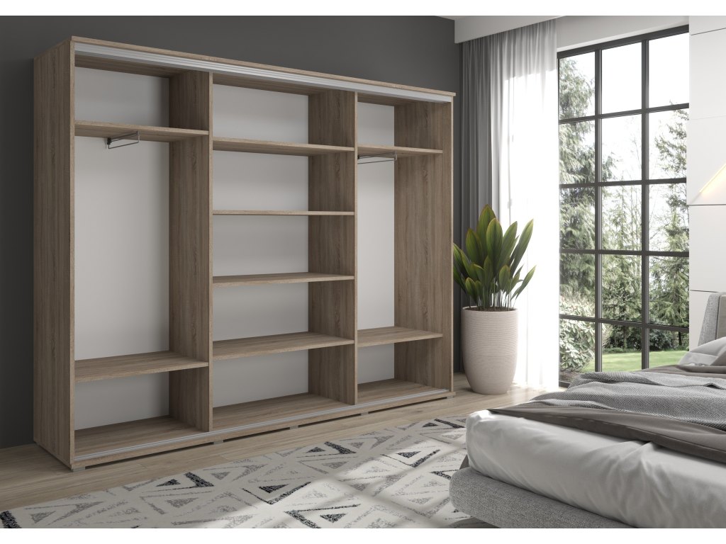 Duża szafa przesuwna MONTI - 210x202x45 cm biała z systemem Sevroll, pojemna, trzydrzwiowa szafa przesuwna