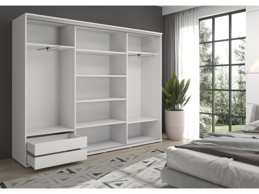 Duża szafa przesuwna MONTI SLIM- 210x202x45 cm biała z systemem Sevroll, pojemna, trzydrzwiowa szafa przesuwna