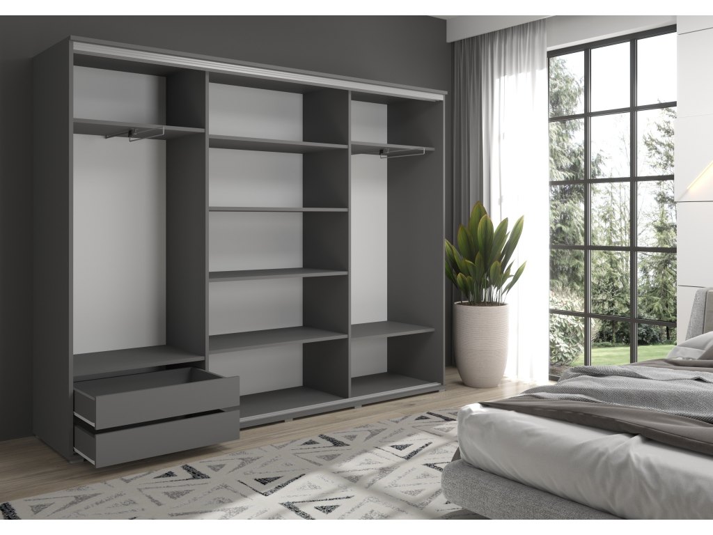 Duża szafa przesuwna MONTI SLIM - 210x202x45 cm biała z systemem Sevroll, pojemna, trzydrzwiowa szafa przesuwna