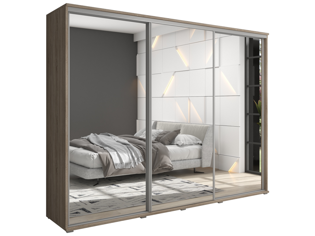 Duża szafa przesuwna MONTI SLIM - 210x202x45 cm biała z systemem Sevroll, pojemna, trzydrzwiowa szafa przesuwna