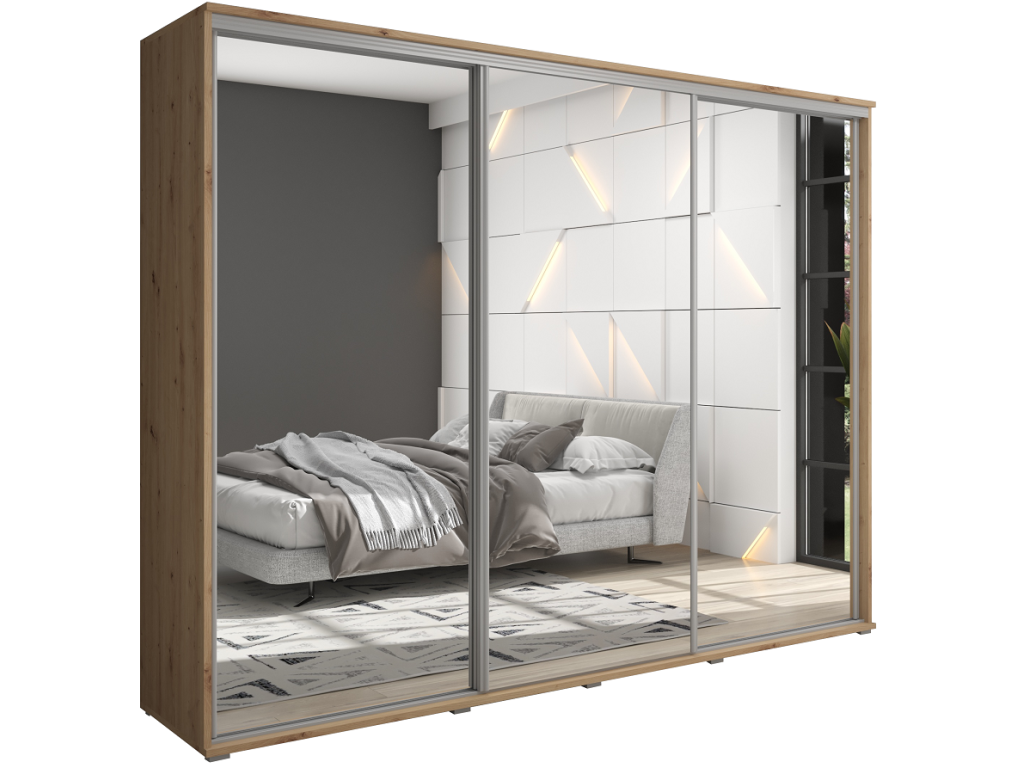 Duża szafa przesuwna MONTI SLIM - 210x202x45 cm biała z systemem Sevroll, pojemna, trzydrzwiowa szafa przesuwna