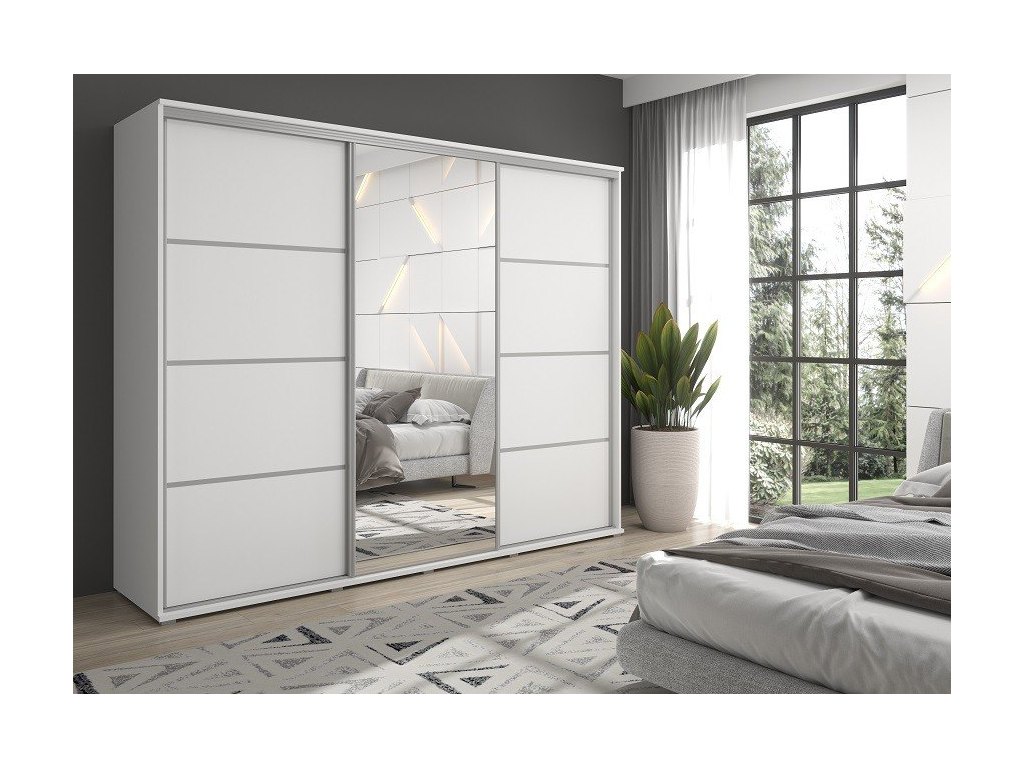Duża szafa przesuwna MONTI SLIM - 210x202x45 cm biała z systemem Sevroll, pojemna, trzydrzwiowa szafa przesuwna