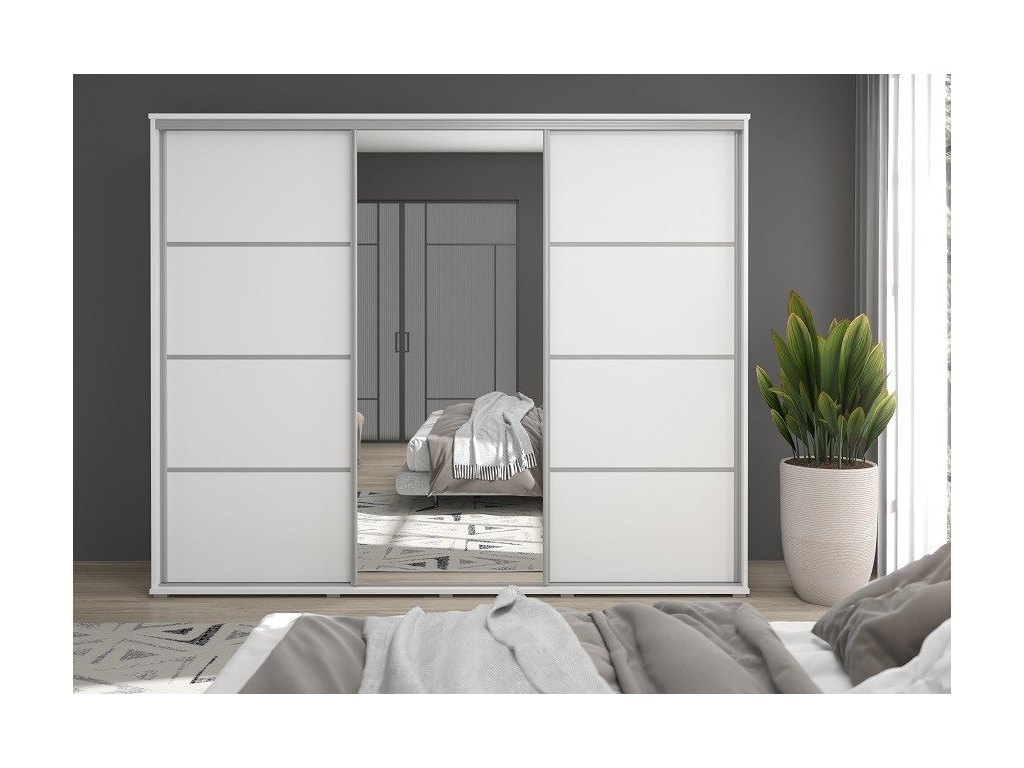 Duża szafa przesuwna MONTI SLIM - 210x202x45 cm biała z systemem Sevroll, pojemna, trzydrzwiowa szafa przesuwna