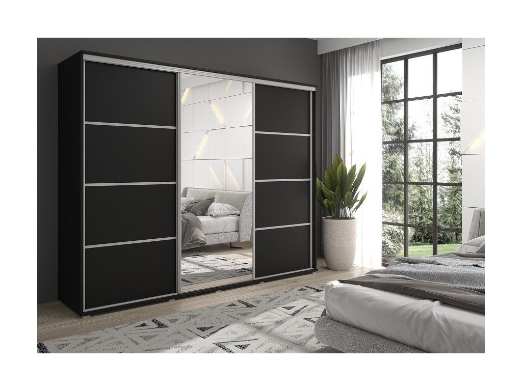 Duża szafa przesuwna MONTI SLIM - 210x202x45 cm biała z systemem Sevroll, pojemna, trzydrzwiowa szafa przesuwna