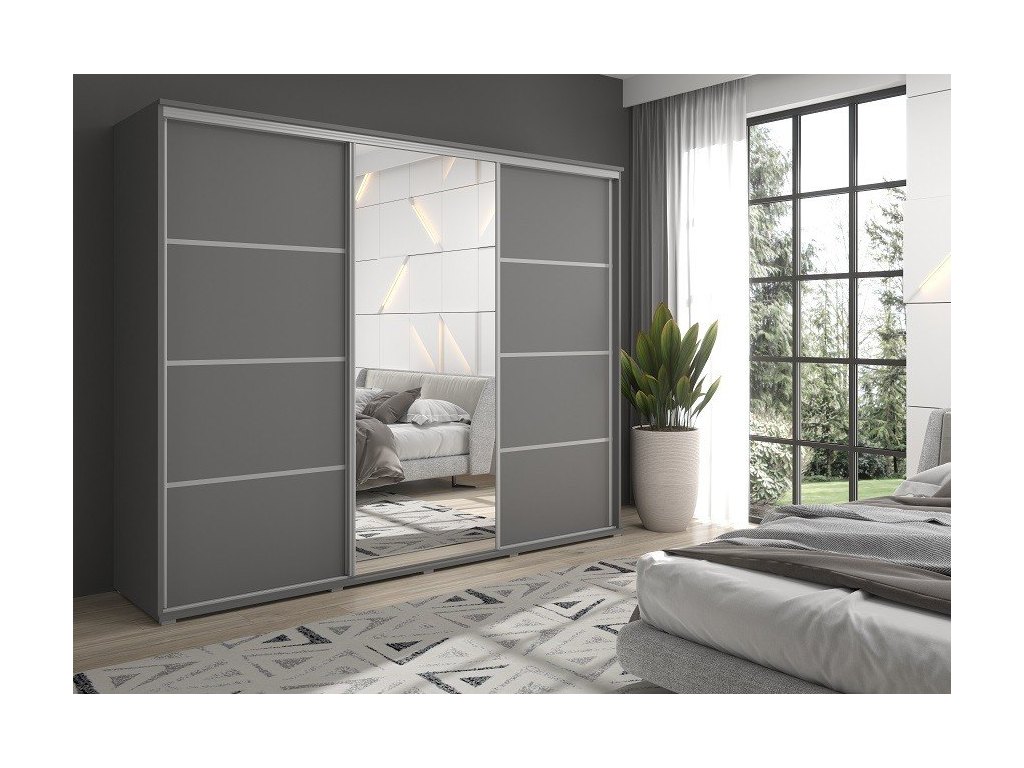 Duża szafa przesuwna MONTI SLIM - 210x202x45 cm biała z systemem Sevroll, pojemna, trzydrzwiowa szafa przesuwna