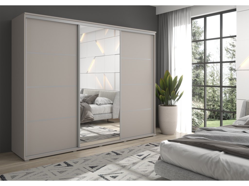 Duża szafa przesuwna MONTI SLIM - 210x202x45 cm biała z systemem Sevroll, pojemna, trzydrzwiowa szafa przesuwna