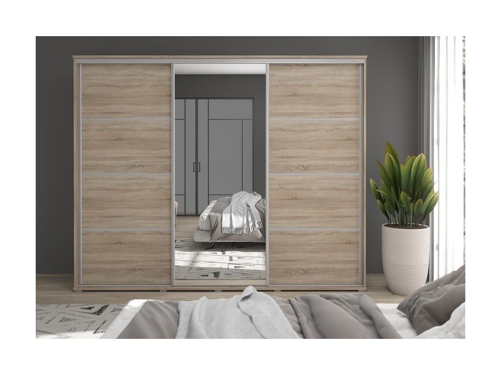 Duża szafa przesuwna MONTI SLIM - 210x202x45 cm biała z systemem Sevroll, pojemna, trzydrzwiowa szafa przesuwna