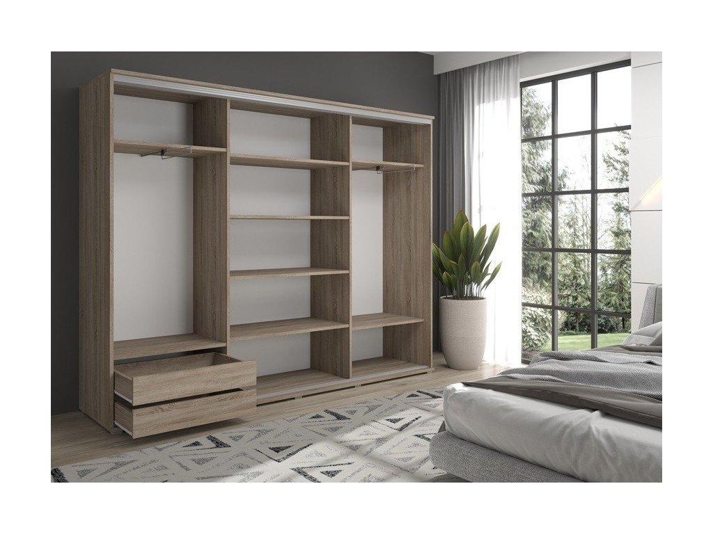 Duża szafa przesuwna MONTI SLIM - 210x202x45 cm biała z systemem Sevroll, pojemna, trzydrzwiowa szafa przesuwna