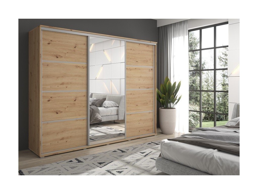 Duża szafa przesuwna MONTI SLIM - 210x202x45 cm biała z systemem Sevroll, pojemna, trzydrzwiowa szafa przesuwna