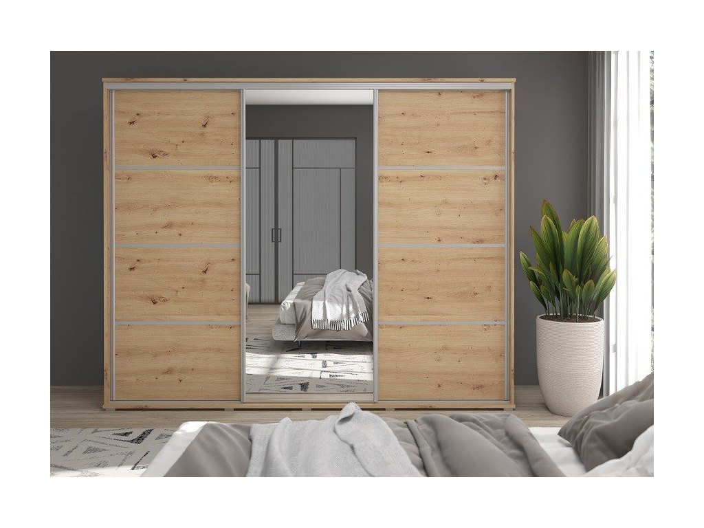 Duża szafa przesuwna MONTI SLIM - 210x202x45 cm biała z systemem Sevroll, pojemna, trzydrzwiowa szafa przesuwna