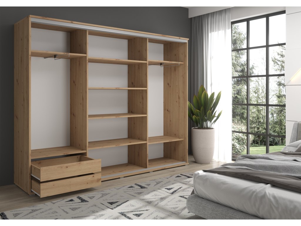 Duża szafa przesuwna MONTI SLIM - 210x202x45 cm biała z systemem Sevroll, pojemna, trzydrzwiowa szafa przesuwna