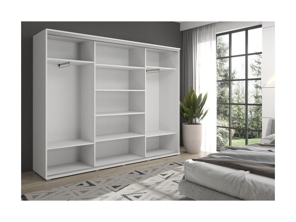 Duża szafa przesuwna MONTI SLIM - 210x202x45 cm biała z systemem Sevroll, pojemna, trzydrzwiowa szafa przesuwna
