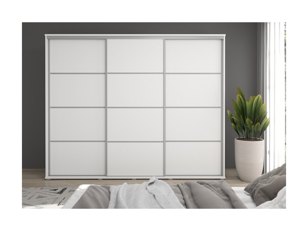 Duża szafa przesuwna MONTI SLIM - 210x202x45 cm biała z systemem Sevroll, pojemna, trzydrzwiowa szafa przesuwna