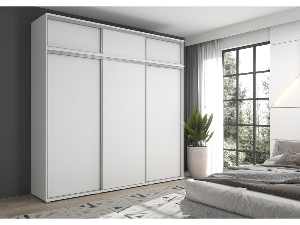 Zestaw z dużą szafą przesuwną i lustrem LAGO 1 - 270x247x61 cm biała z systemem Sevroll, pojemna, trzydrzwiowa