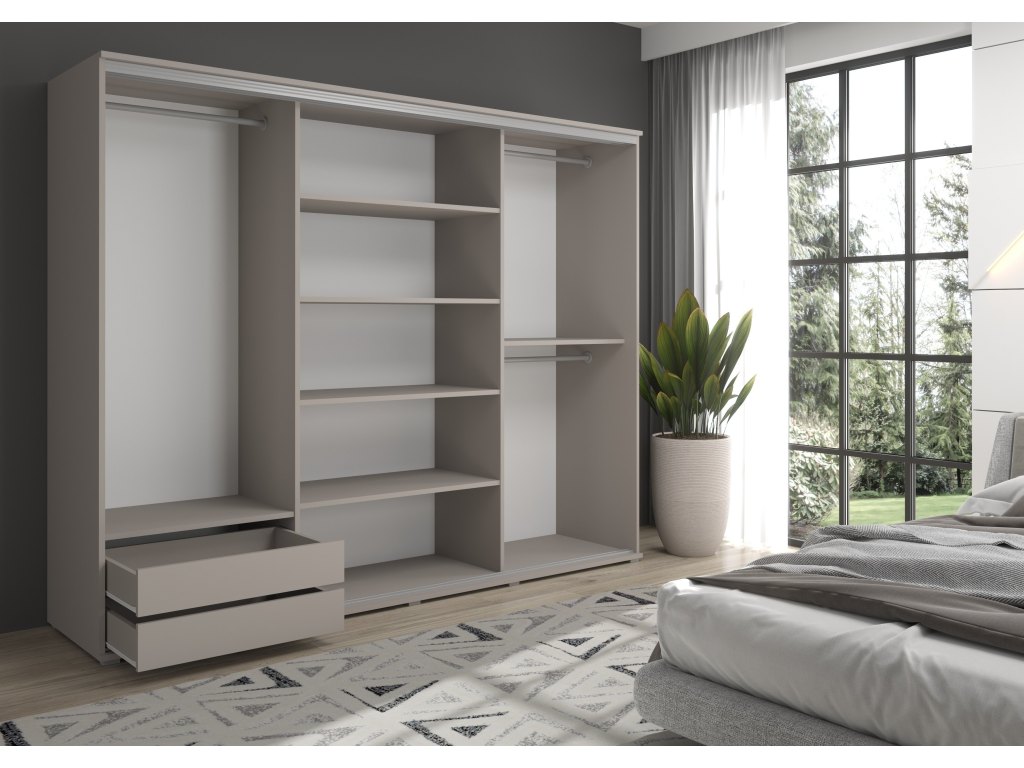 Duża szafa przesuwna z lustrem LAGO - 230x202x61 cm kaszmir z systemem Sevroll, pojemna, trzydrzwiowa szafa przesuwna
