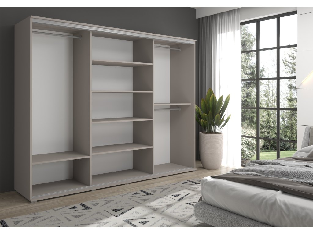 Duża szafa przesuwna z lustrem LAGO - 250x202x61 cm kaszmir z systemem Sevroll, pojemna, trzydrzwiowa szafa przesuwna