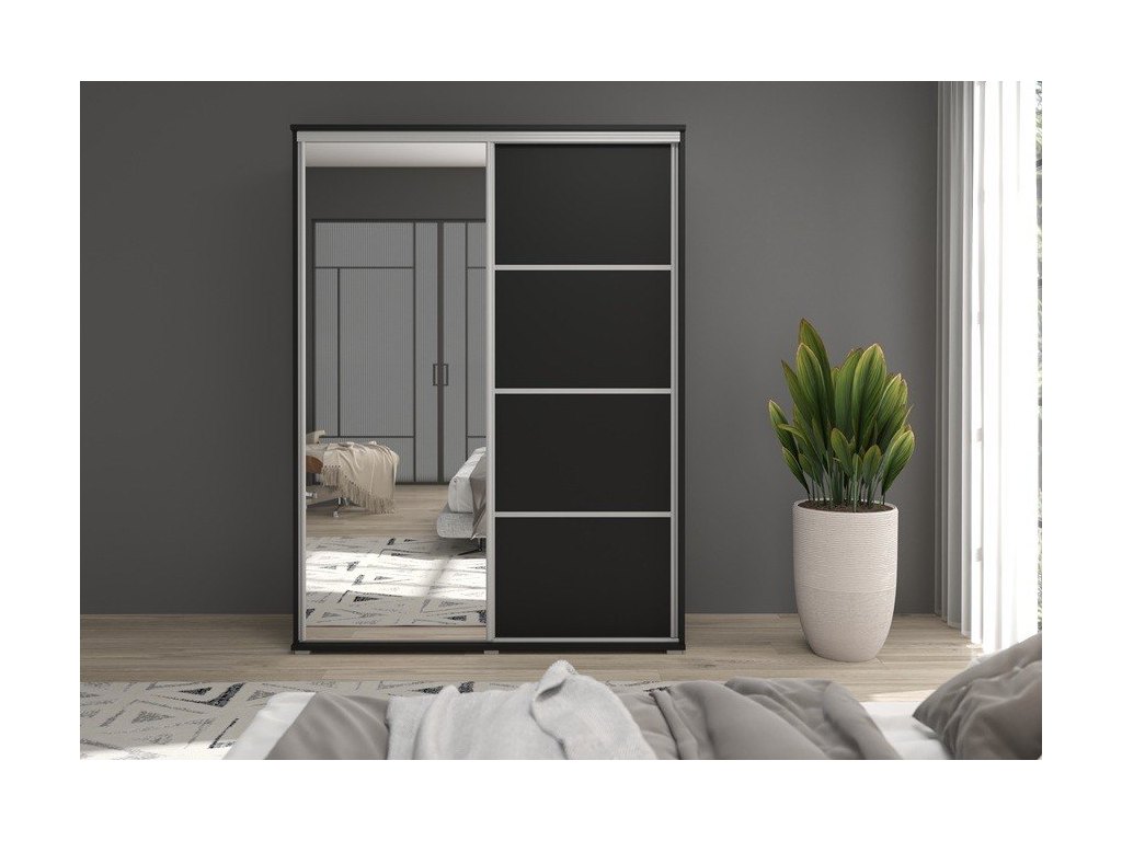 Szafa z drzwiami przesuwnymi GAJA 3 130x202x61 - czarna, nowoczesna, praktyczna z lustrem