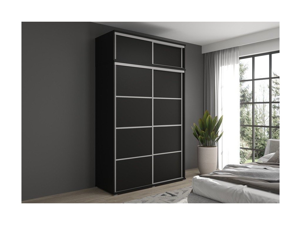 Zestaw GAJA 4 szafa z drzwiami przesuwnym, nadstawką i szufladami 150x202x61 - czarna, nowoczesna i praktyczna