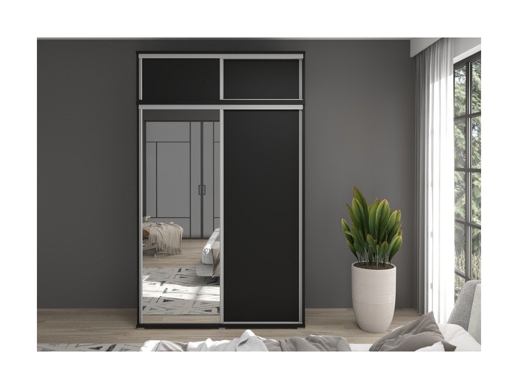 Zestaw GAJA 1 szafa z lustrem, drzwiami przesuwnym, nadstawką i szufladami 200x247x61 - czarna, nowoczesna i praktyczna