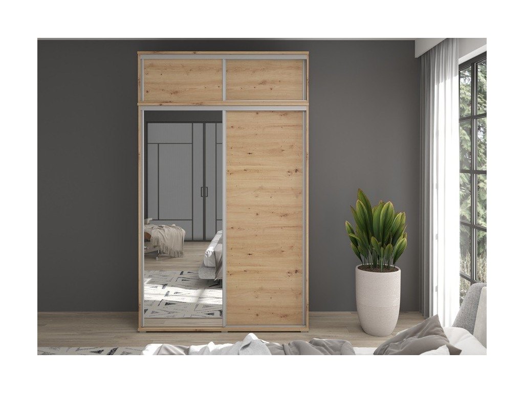Zestaw GAJA 1 szafa z lustrem, drzwiami przesuwnym, nadstawką i szufladami 140x247x61 - dąb artisan, nowoczesna i praktyczna