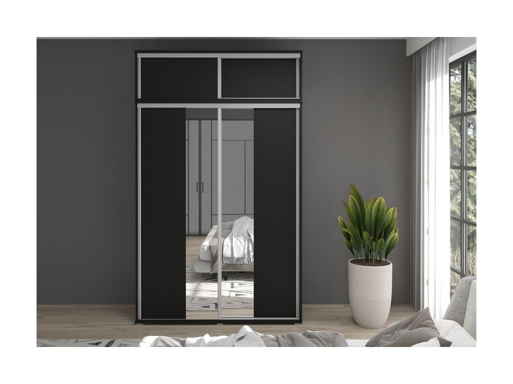 Zestaw GAJA 5 szafa z lustrem, drzwiami przesuwnym, nadstawką i szufladami 100x247x61 - czarna, nowoczesna i praktyczna
