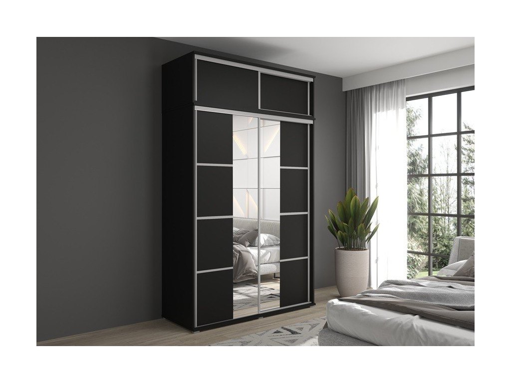 Zestaw GAJA 6 szafa z lustrem, drzwiami przesuwnym, nadstawką i szufladami 100x247x61 - czarna, nowoczesna i praktyczna